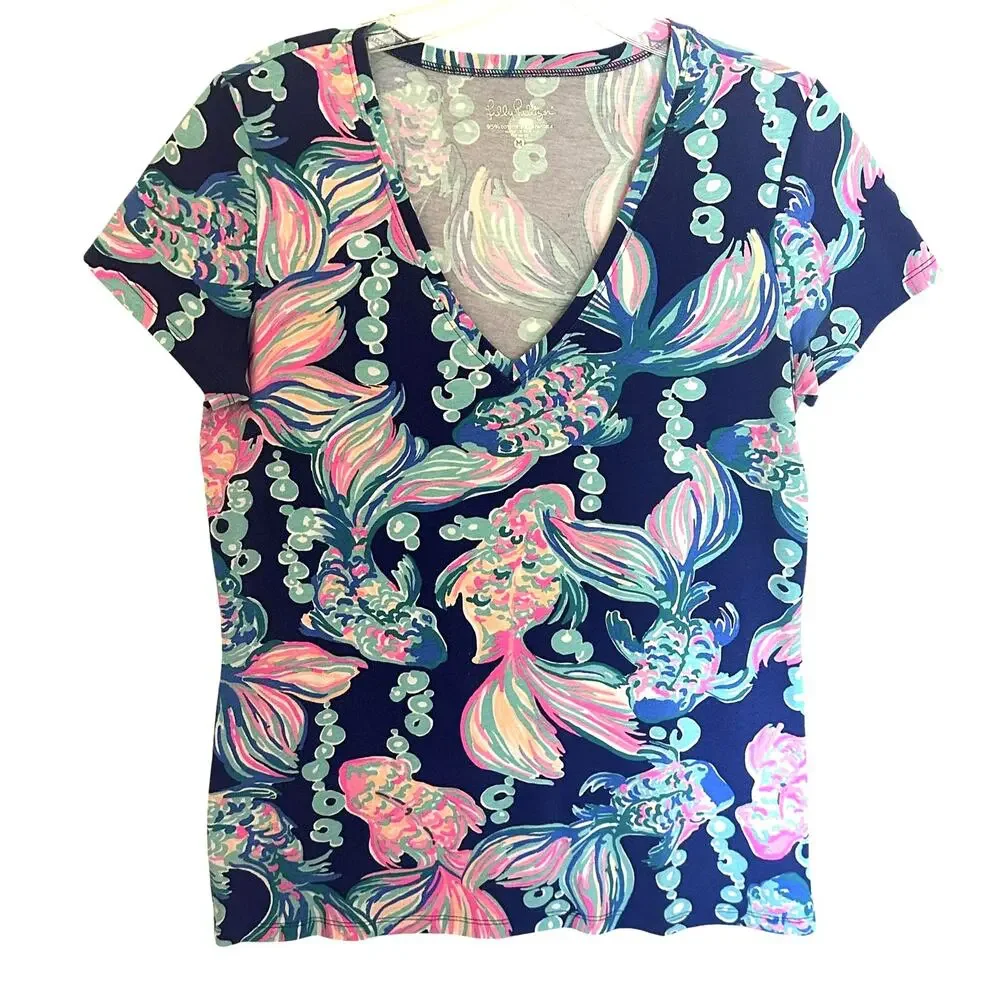 Lilly Pulitzer Michele Tee Womens Medium Blue Going Coastal Print Jersey Top